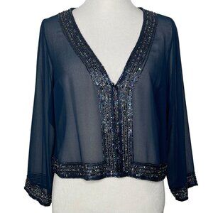 Jkara Beaded Sheer Cardigan Size 14 Navy Blue Evening Embellish Hook Loop Front